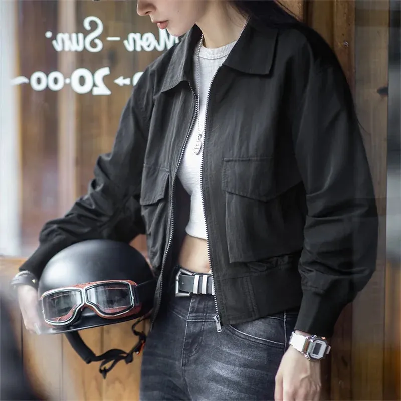 -Women's Casual Short Coat, Motorcycle Pilot Jacket, Black Vintage Top, New, Autumn, 2023
