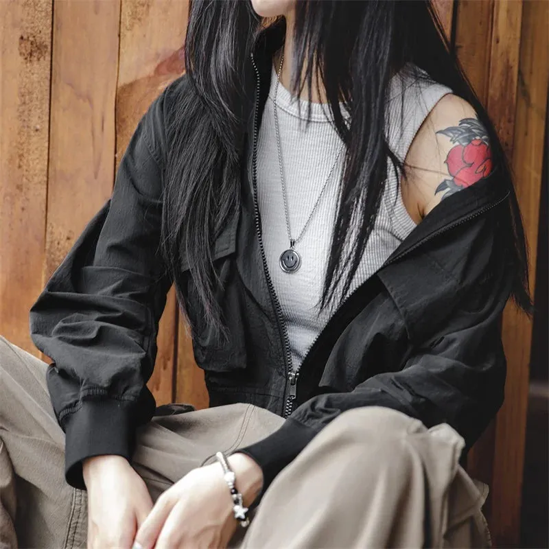 -Women's Casual Short Coat, Motorcycle Pilot Jacket, Black Vintage Top, New, Autumn, 2023