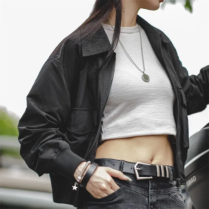 -Women's Casual Short Coat, Motorcycle Pilot Jacket, Black Vintage Top, New, Autumn, 2023