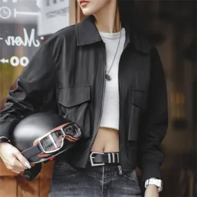 -Women's Casual Short Coat, Motorcycle Pilot Jacket, Black Vintage Top, New, Autumn, 2023
