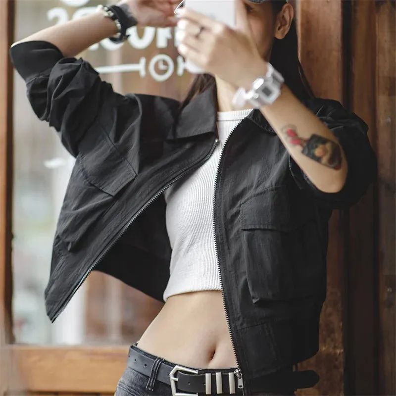 -Women's Casual Short Coat, Motorcycle Pilot Jacket, Black Vintage Top, New, Autumn, 2023
