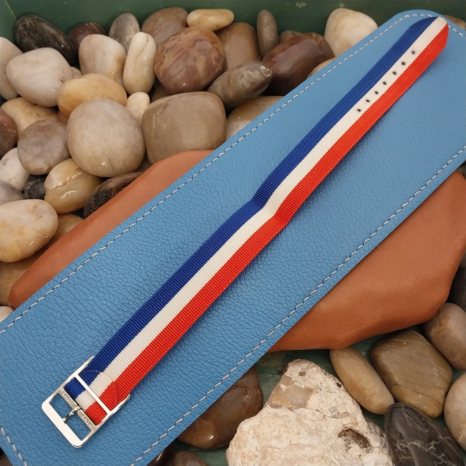 18mm Striped Nylon Military Red White & Blue nos 1960s Vintage Watch Band