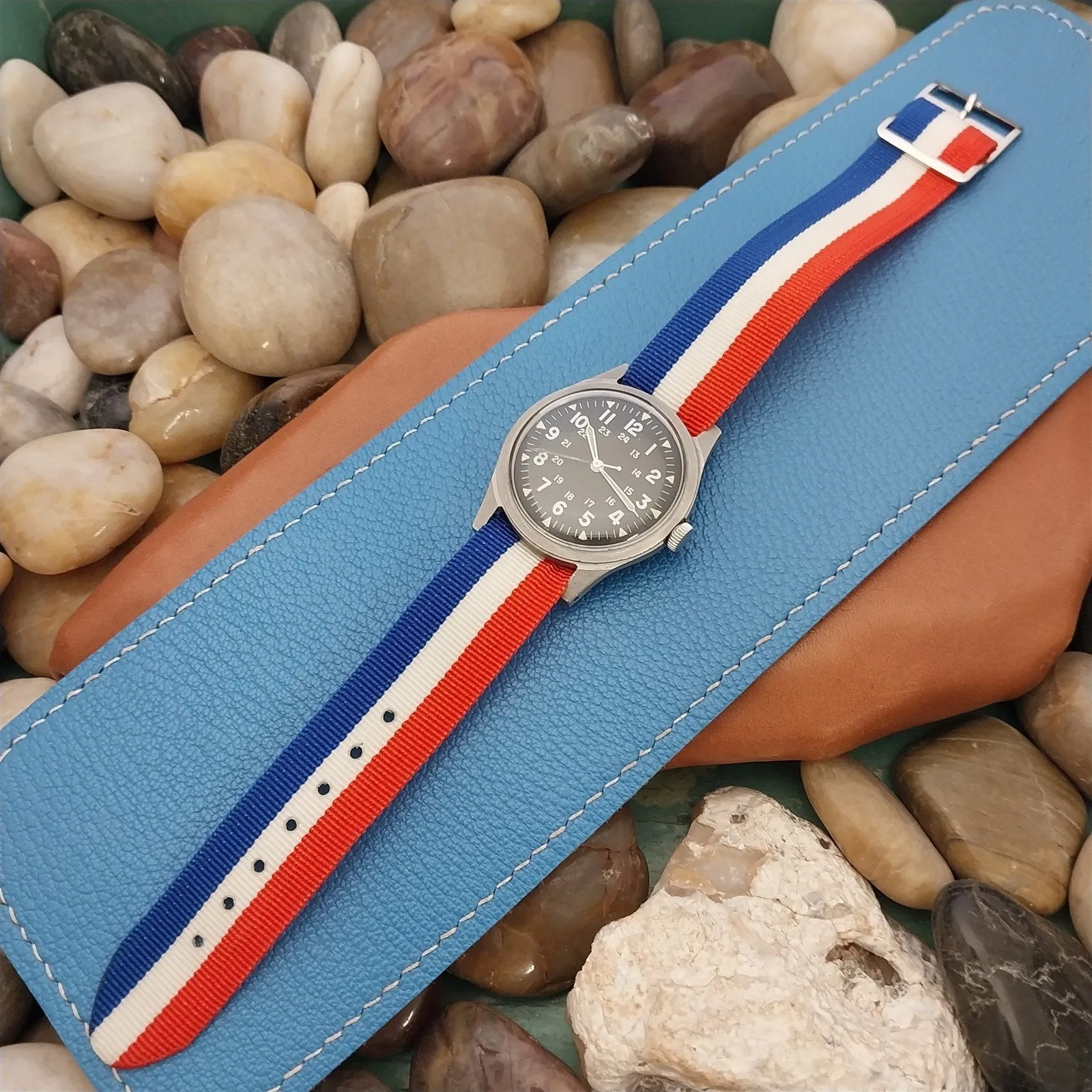 18mm Striped Nylon Military Red White & Blue nos 1960s Vintage Watch Band