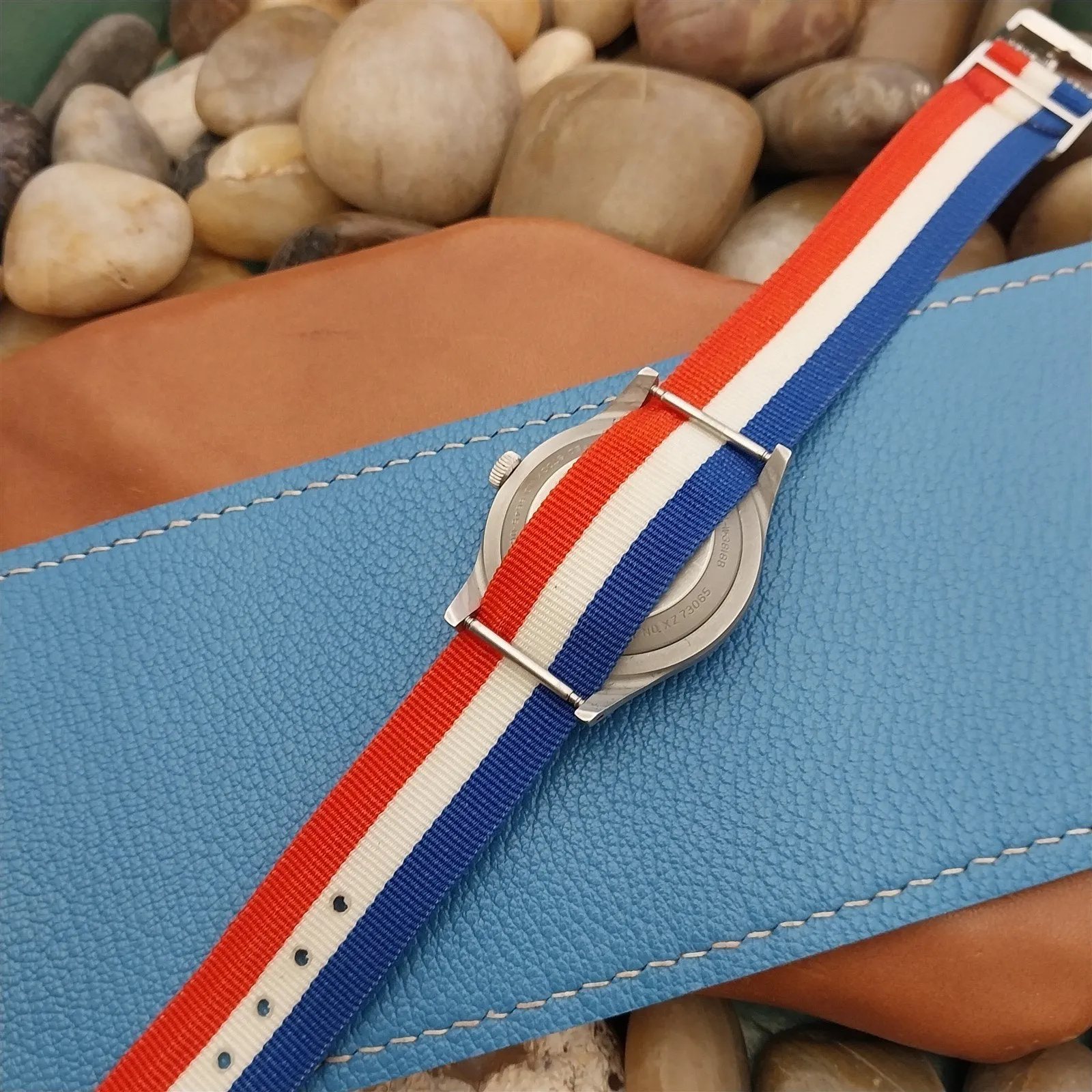18mm Striped Nylon Military Red White & Blue nos 1960s Vintage Watch Band