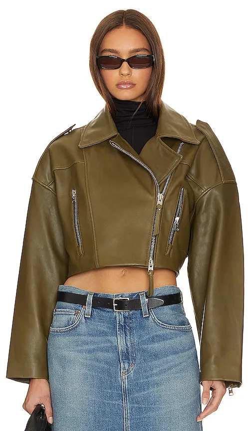 AGOLDE X Shoreditch Ski Club Remi Cropped Leather Biker Jacket in Olive