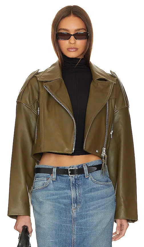AGOLDE X Shoreditch Ski Club Remi Cropped Leather Biker Jacket in Olive