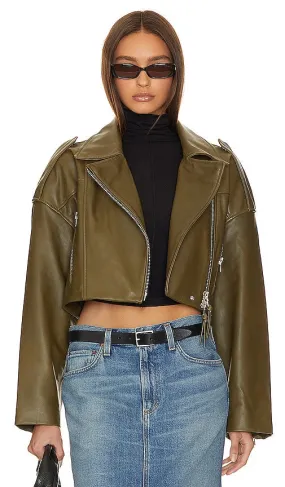 AGOLDE X Shoreditch Ski Club Remi Cropped Leather Biker Jacket in Olive
