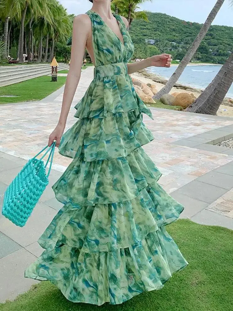 Aiertu Summer Green Tie Dye Sleeveless Halter Bandage Holiday Dress Women Temperament Slim Fashion Sweet Cake Long Dress 2023 Bohemian