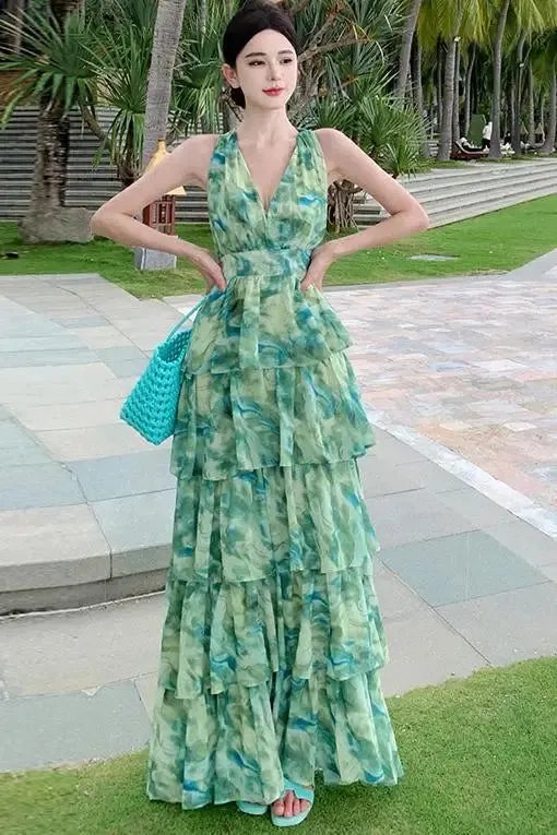 Aiertu Summer Green Tie Dye Sleeveless Halter Bandage Holiday Dress Women Temperament Slim Fashion Sweet Cake Long Dress 2023 Bohemian
