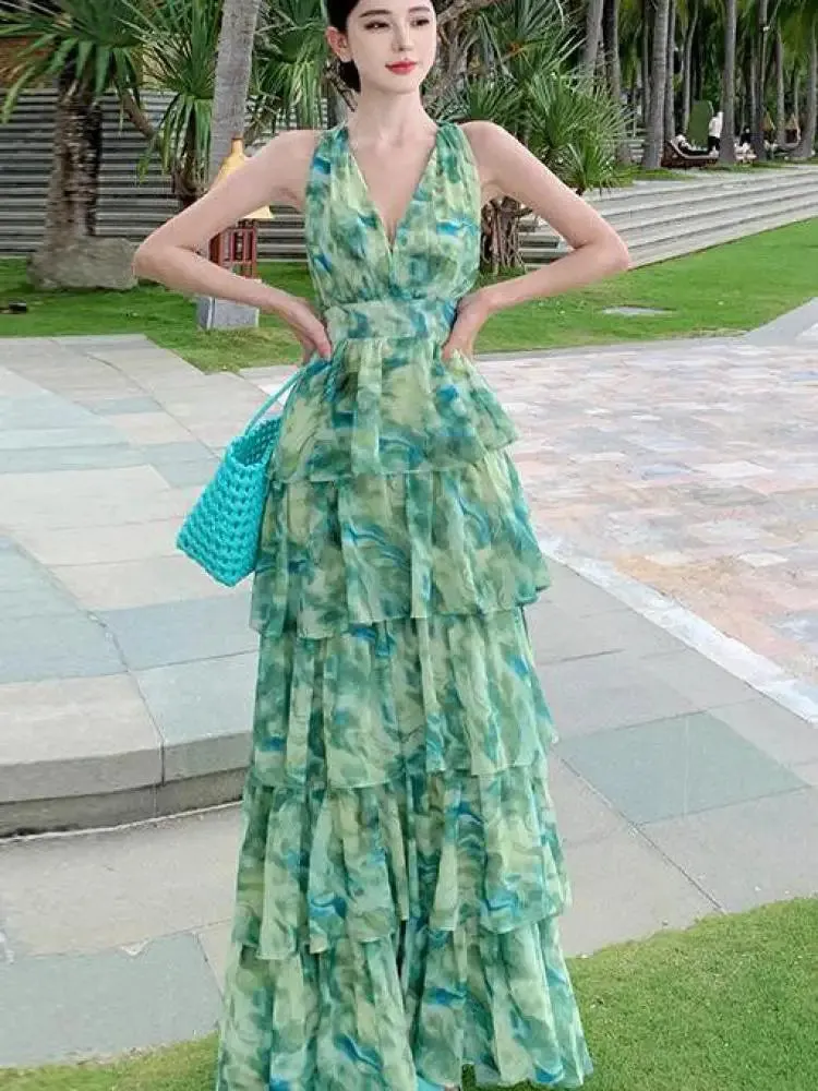 Aiertu Summer Green Tie Dye Sleeveless Halter Bandage Holiday Dress Women Temperament Slim Fashion Sweet Cake Long Dress 2023 Bohemian
