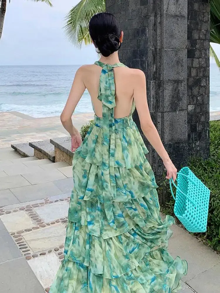 Aiertu Summer Green Tie Dye Sleeveless Halter Bandage Holiday Dress Women Temperament Slim Fashion Sweet Cake Long Dress 2023 Bohemian