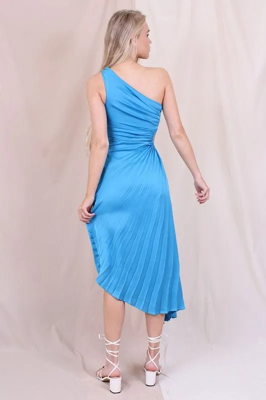 Aqua One Shoulder Cutout Pleated Dress