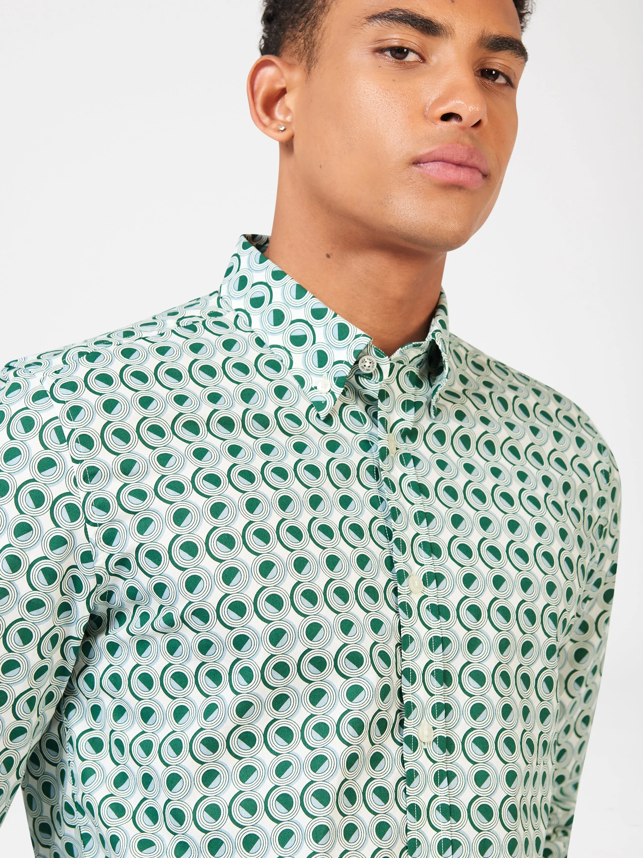 Ben Sherman Retro Circle Print Poplin Long Sleeve Shirt - Green