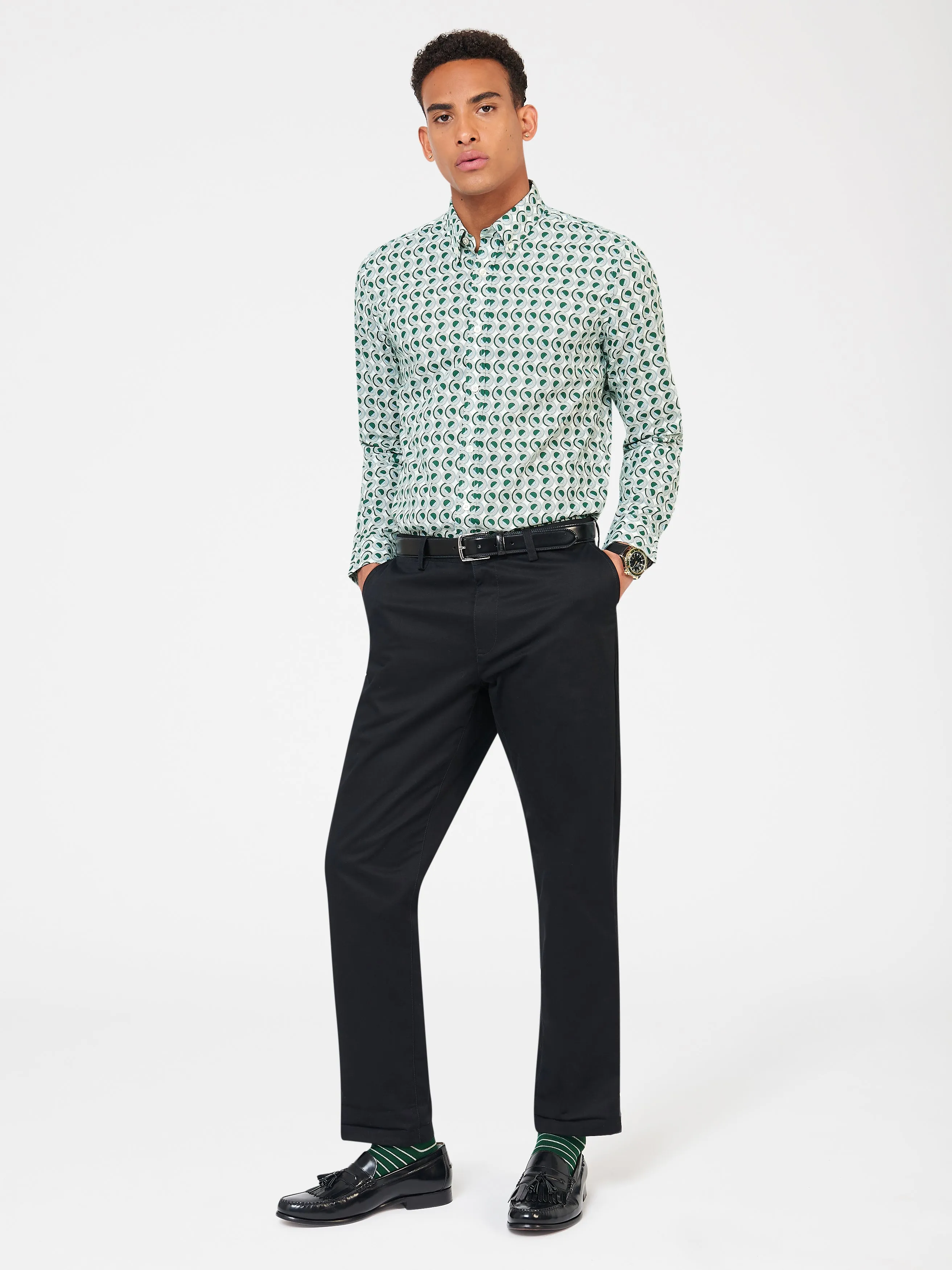 Ben Sherman Retro Circle Print Poplin Long Sleeve Shirt - Green
