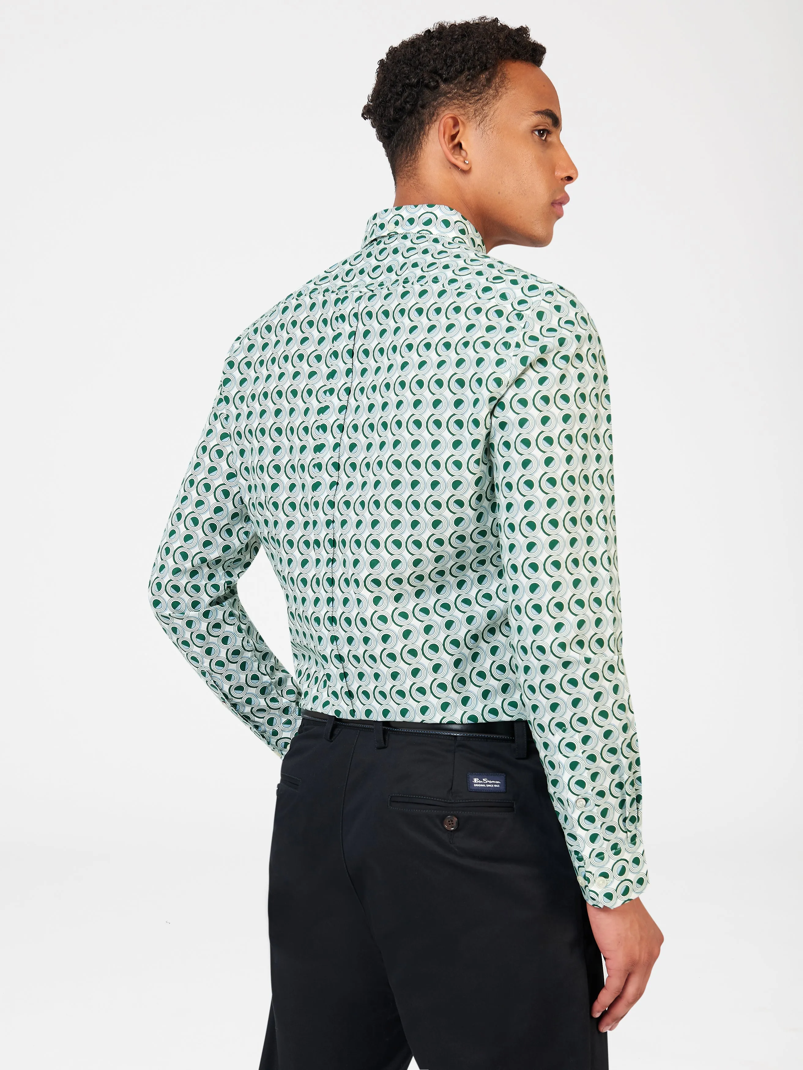 Ben Sherman Retro Circle Print Poplin Long Sleeve Shirt - Green
