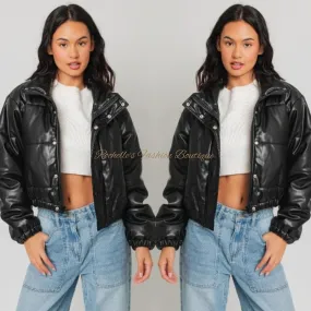 Black Leather Puffer Jacket