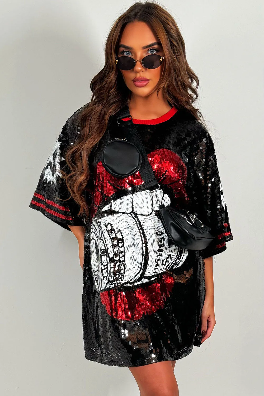 Black Sequin Baseball T Shirt Dress With Lips