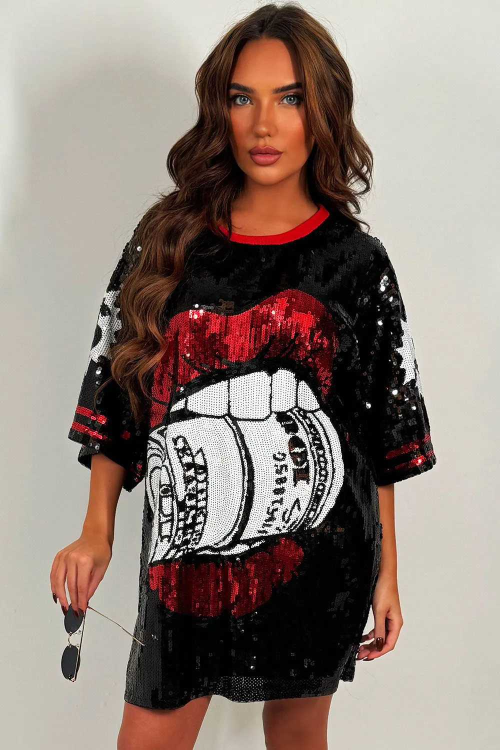 Black Sequin Baseball T Shirt Dress With Lips