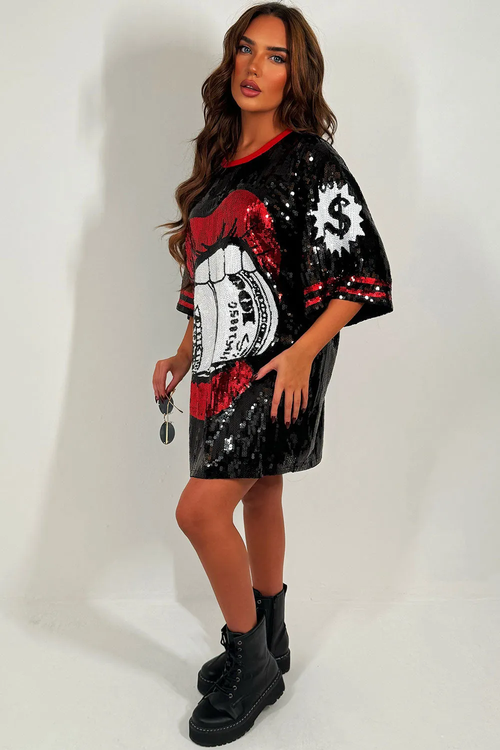 Black Sequin Baseball T Shirt Dress With Lips