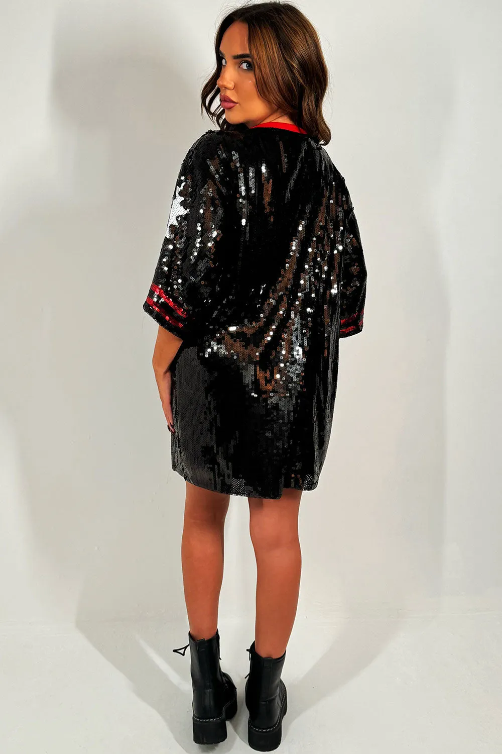 Black Sequin Baseball T Shirt Dress With Lips