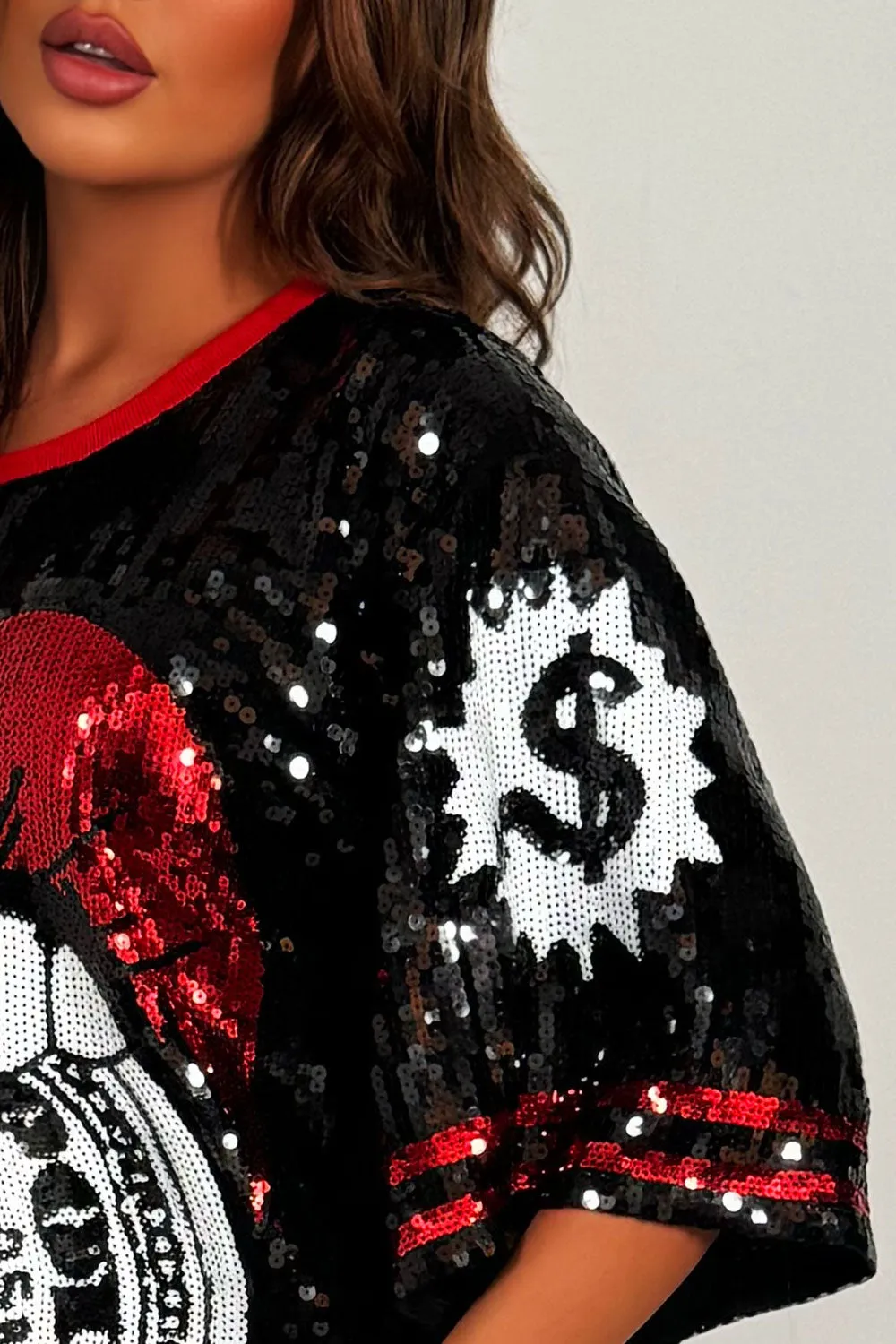 Black Sequin Baseball T Shirt Dress With Lips