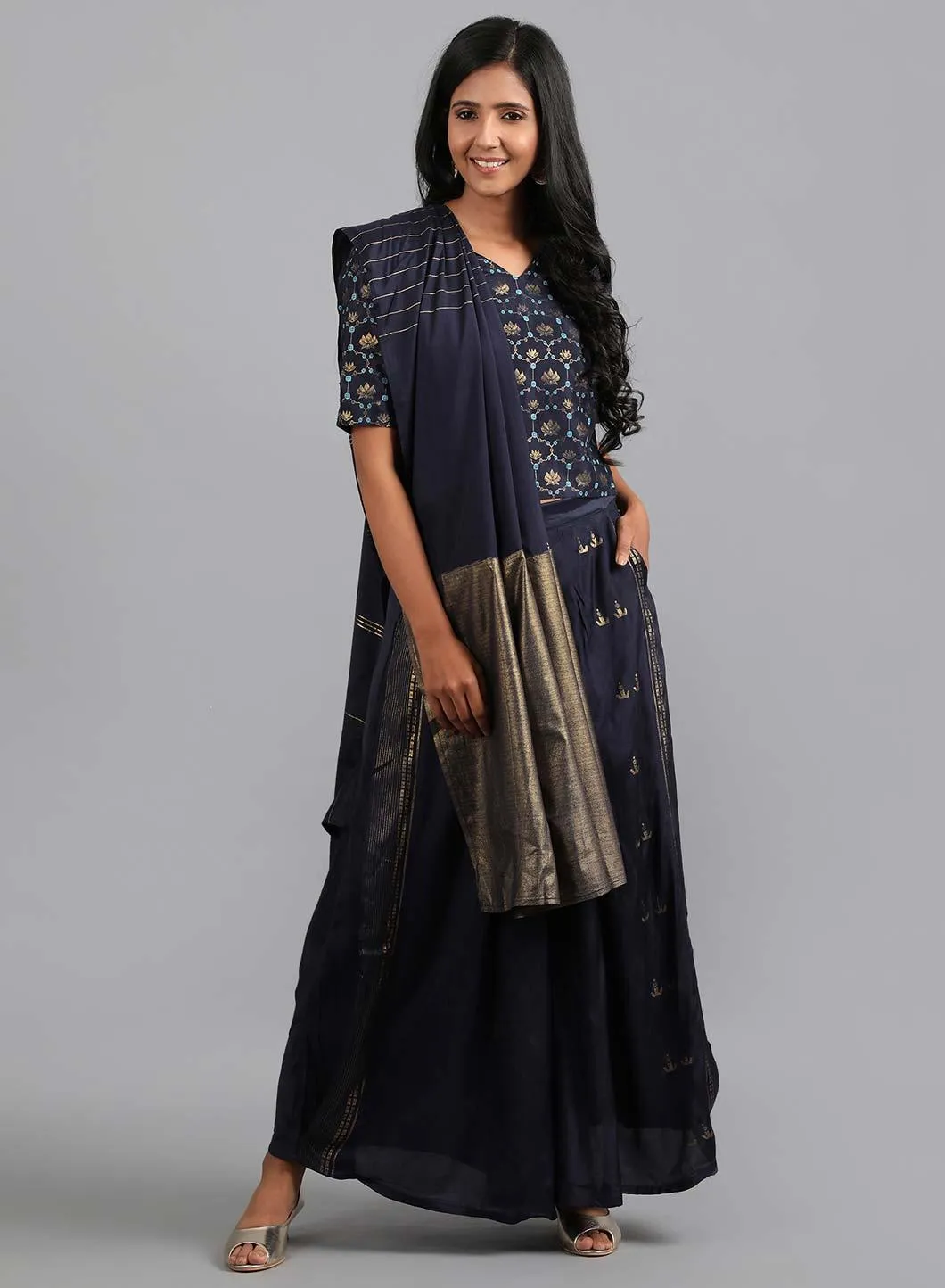Blue V Neck Embellished Gypsuit