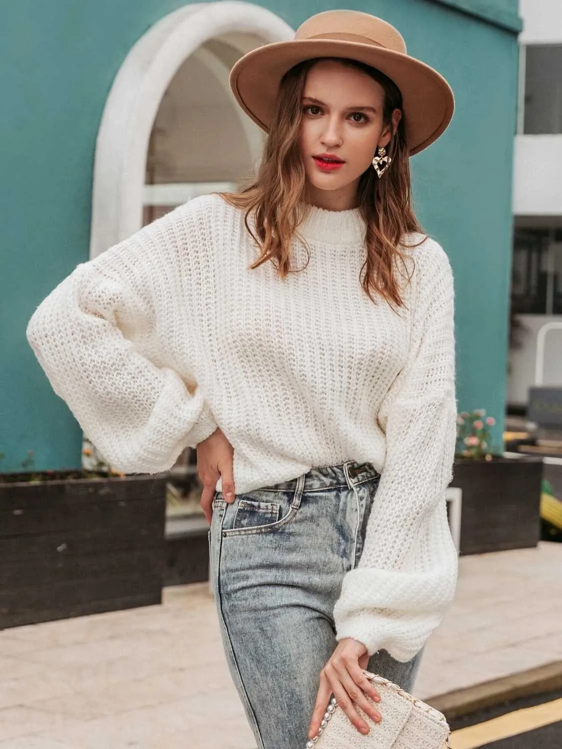 Bohemian Round Neck Dropped Shoulder Long Sleeve Sweater