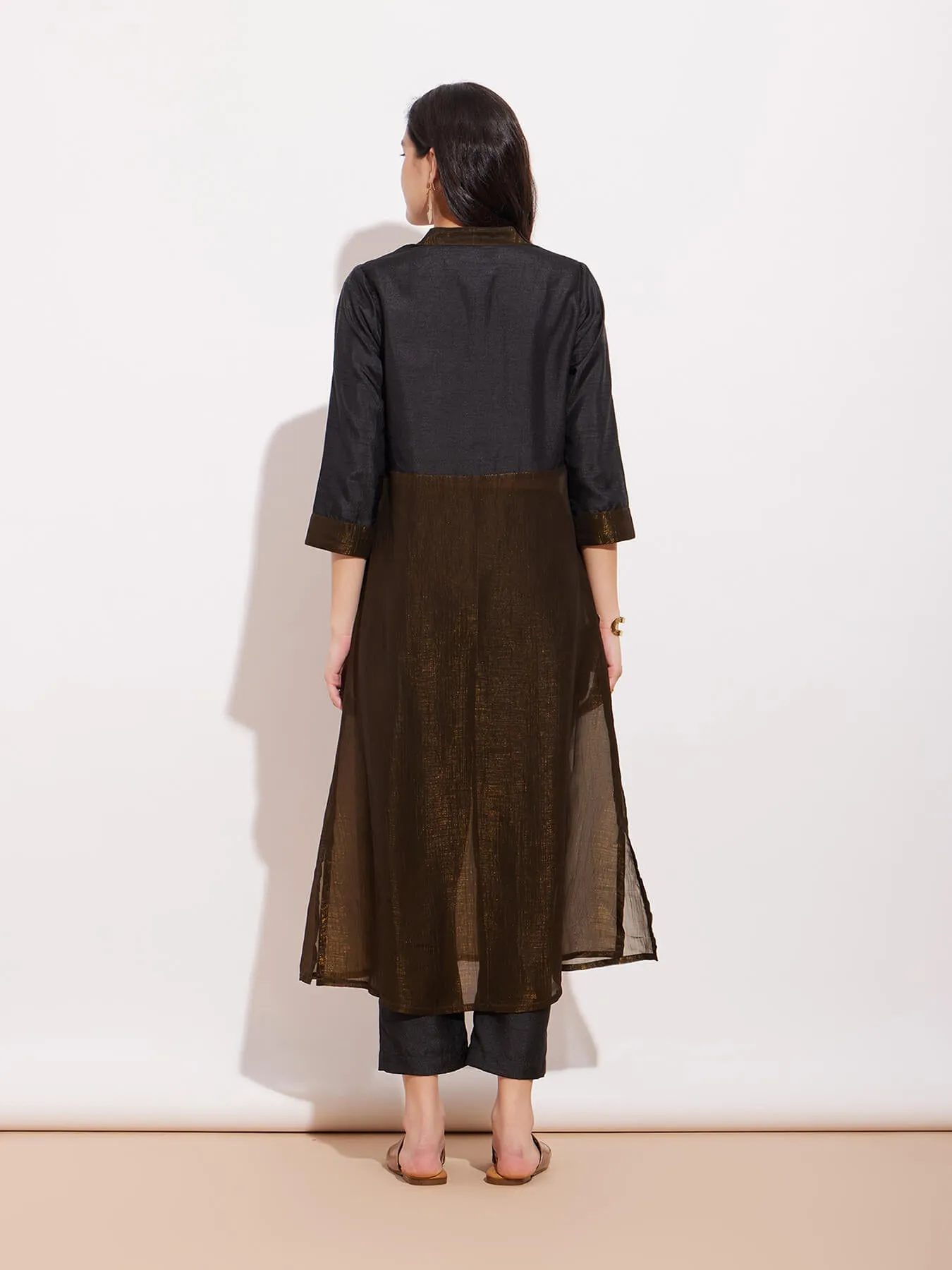 Chiffon Lurex Colourblock Kurta Set - Black