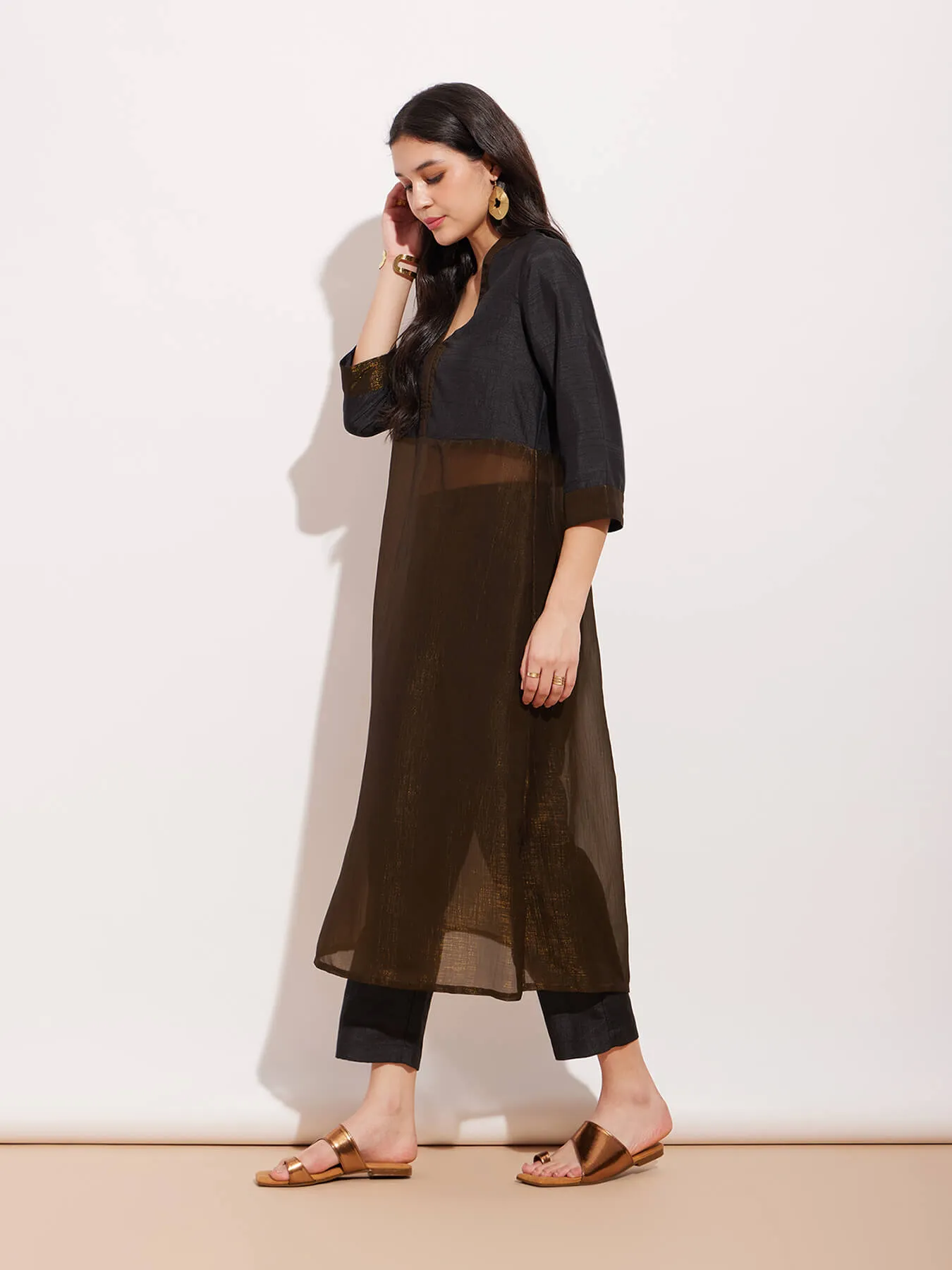 Chiffon Lurex Colourblock Kurta Set - Black
