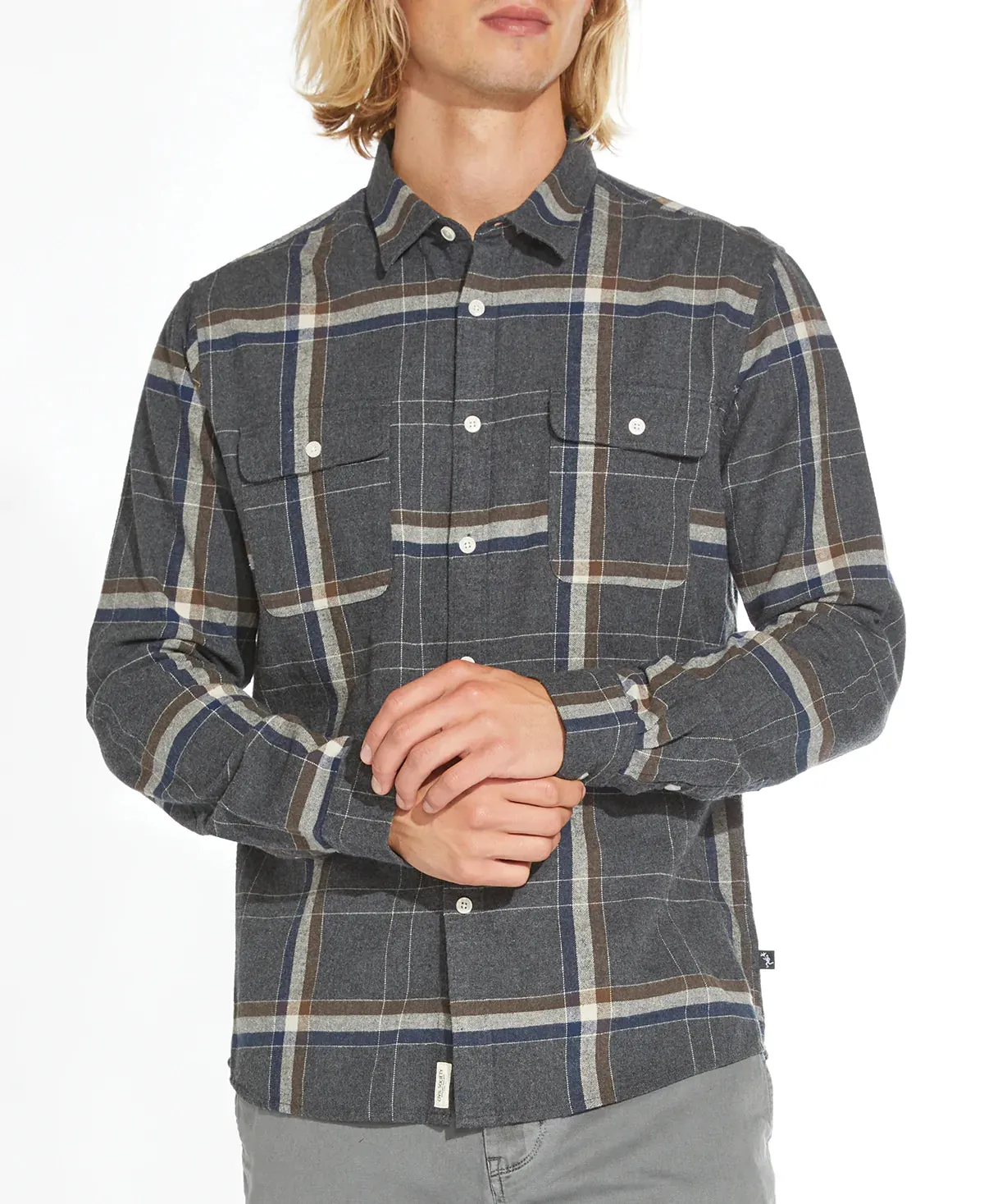 Civil Society Dark Charcoal Grey Large Plaid Flannel Button Up Shirt