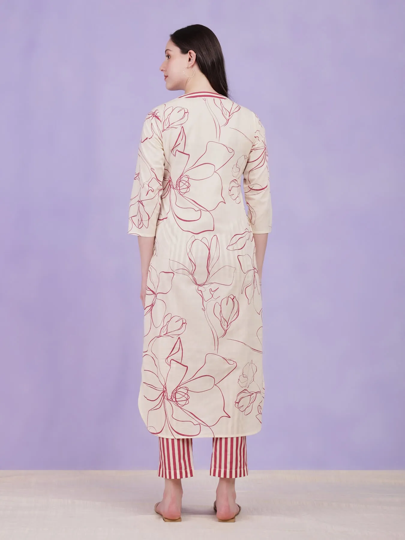 Cotton Floral & Striped Kurta Set - Off-White & Red