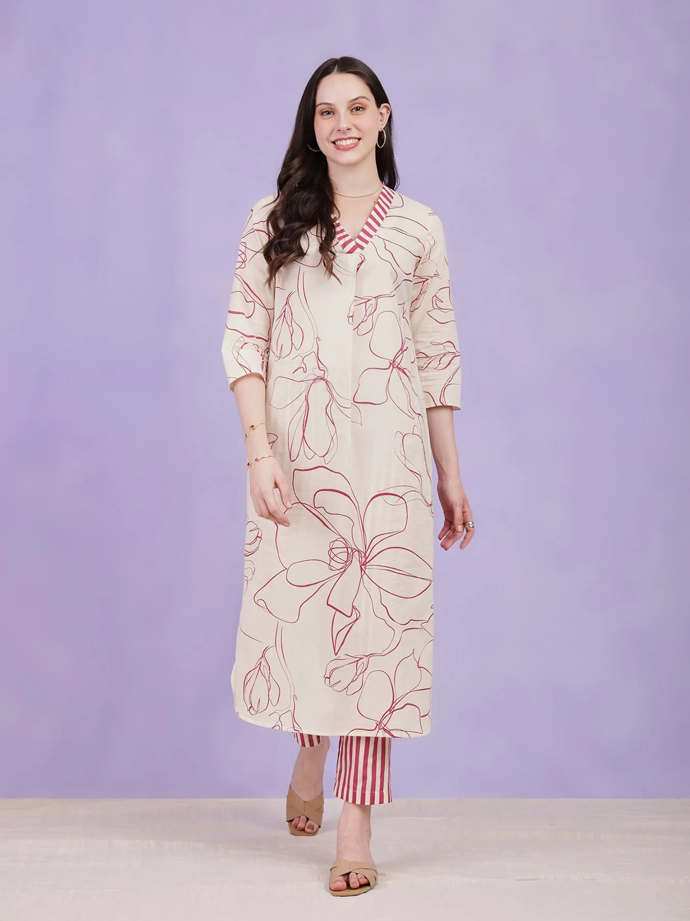 Cotton Floral & Striped Kurta Set - Off-White & Red