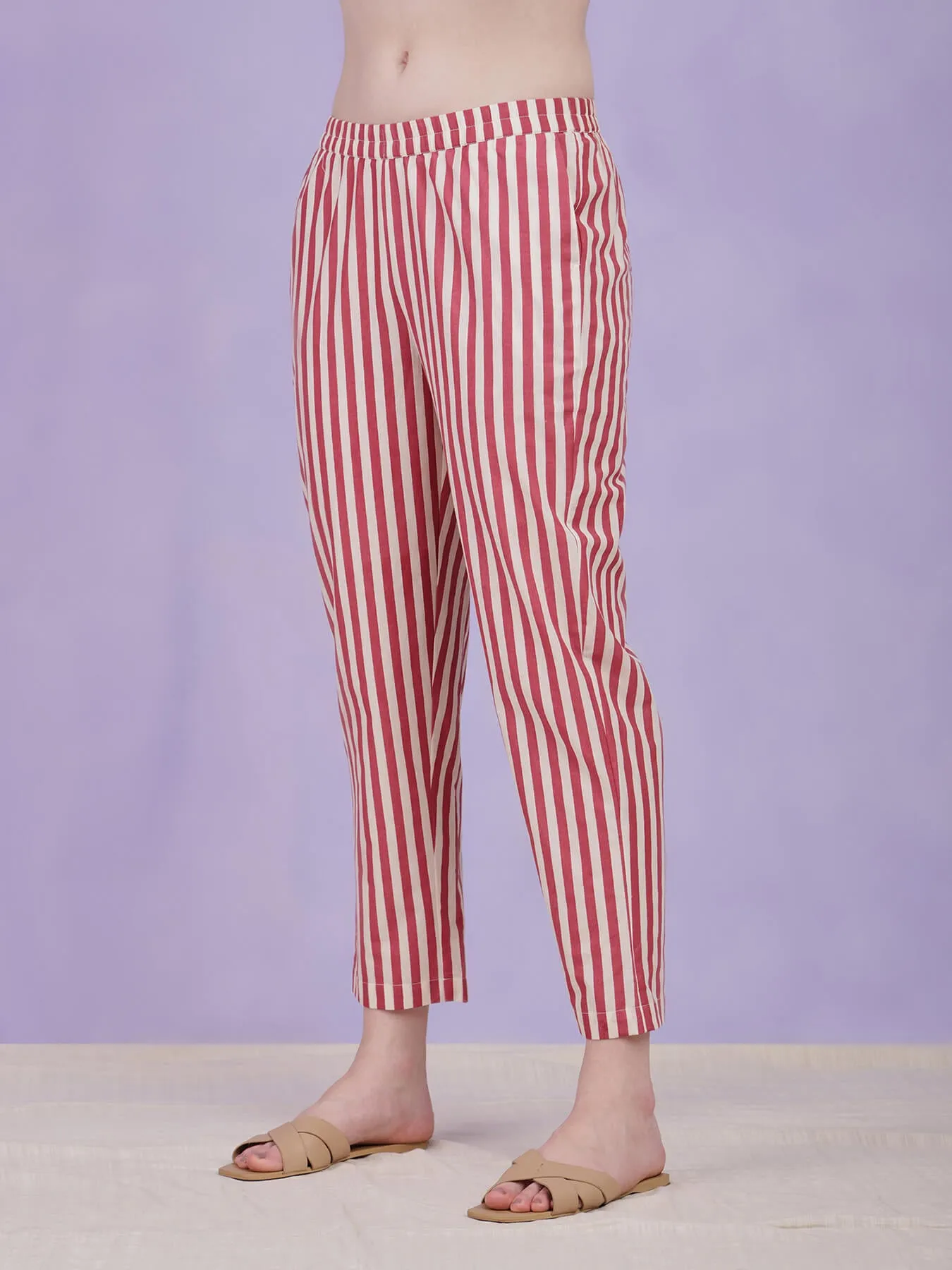 Cotton Floral & Striped Kurta Set - Off-White & Red