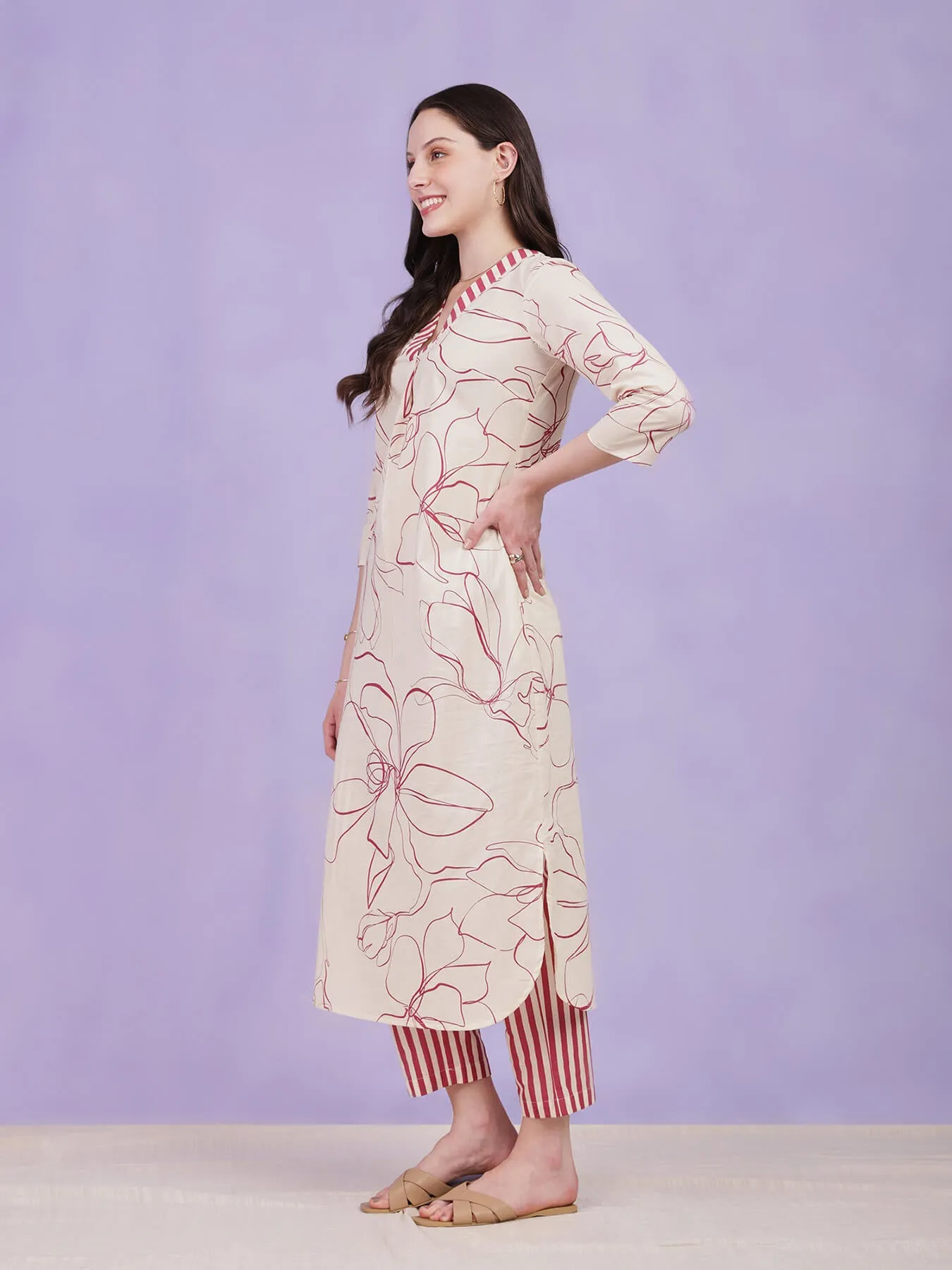 Cotton Floral & Striped Kurta Set - Off-White & Red