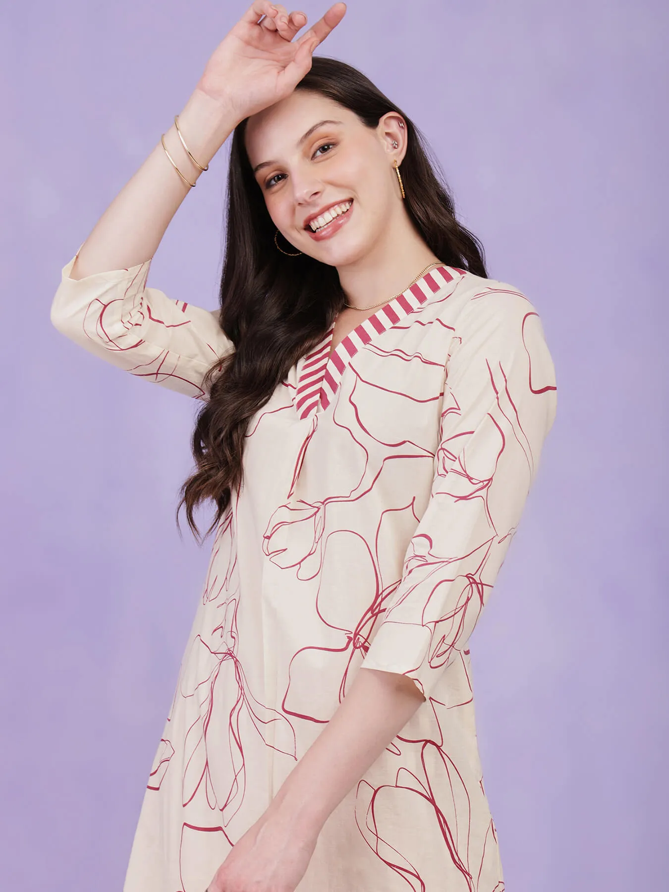 Cotton Floral & Striped Kurta Set - Off-White & Red