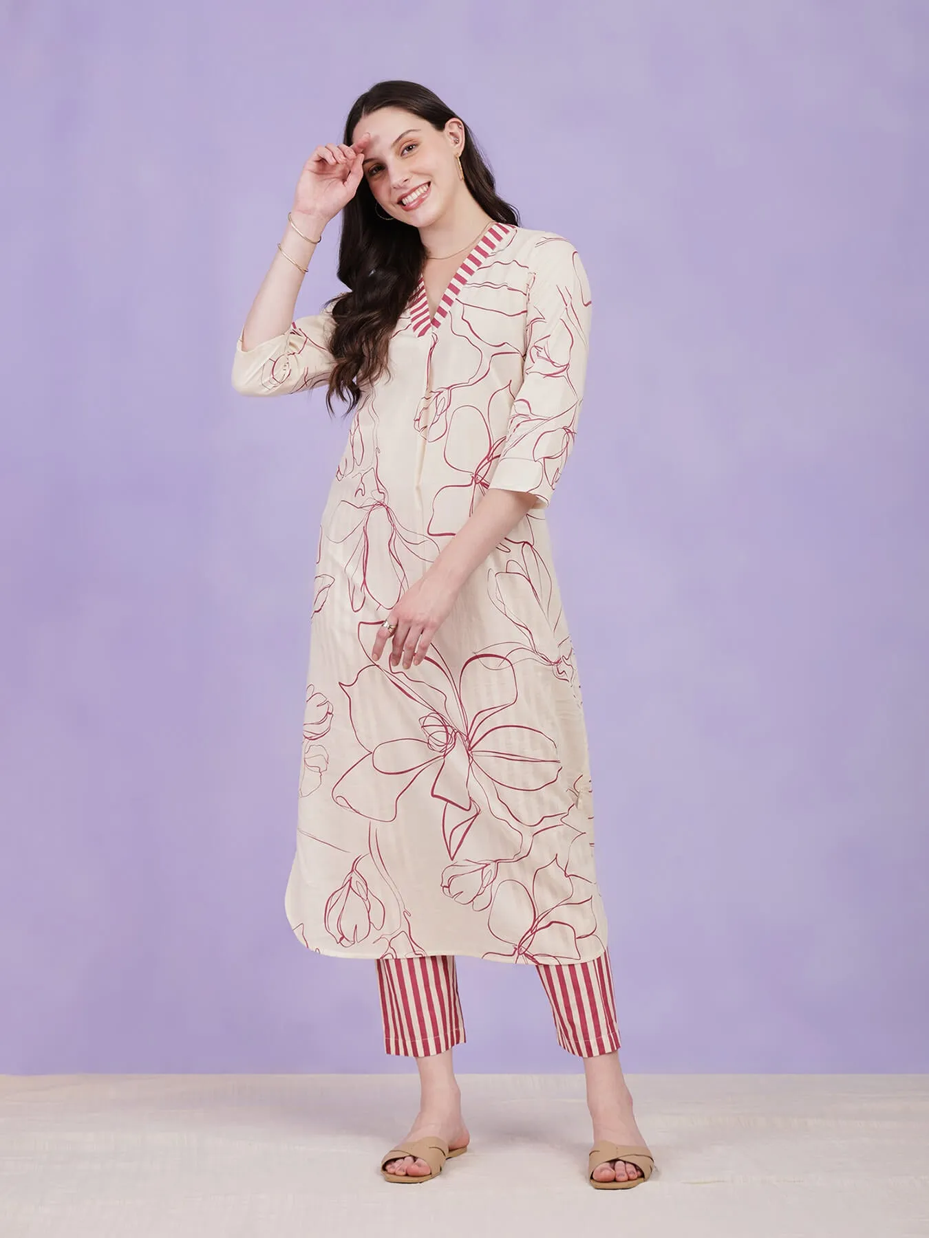 Cotton Floral & Striped Kurta Set - Off-White & Red