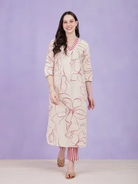 Cotton Floral & Striped Kurta Set - Off-White & Red