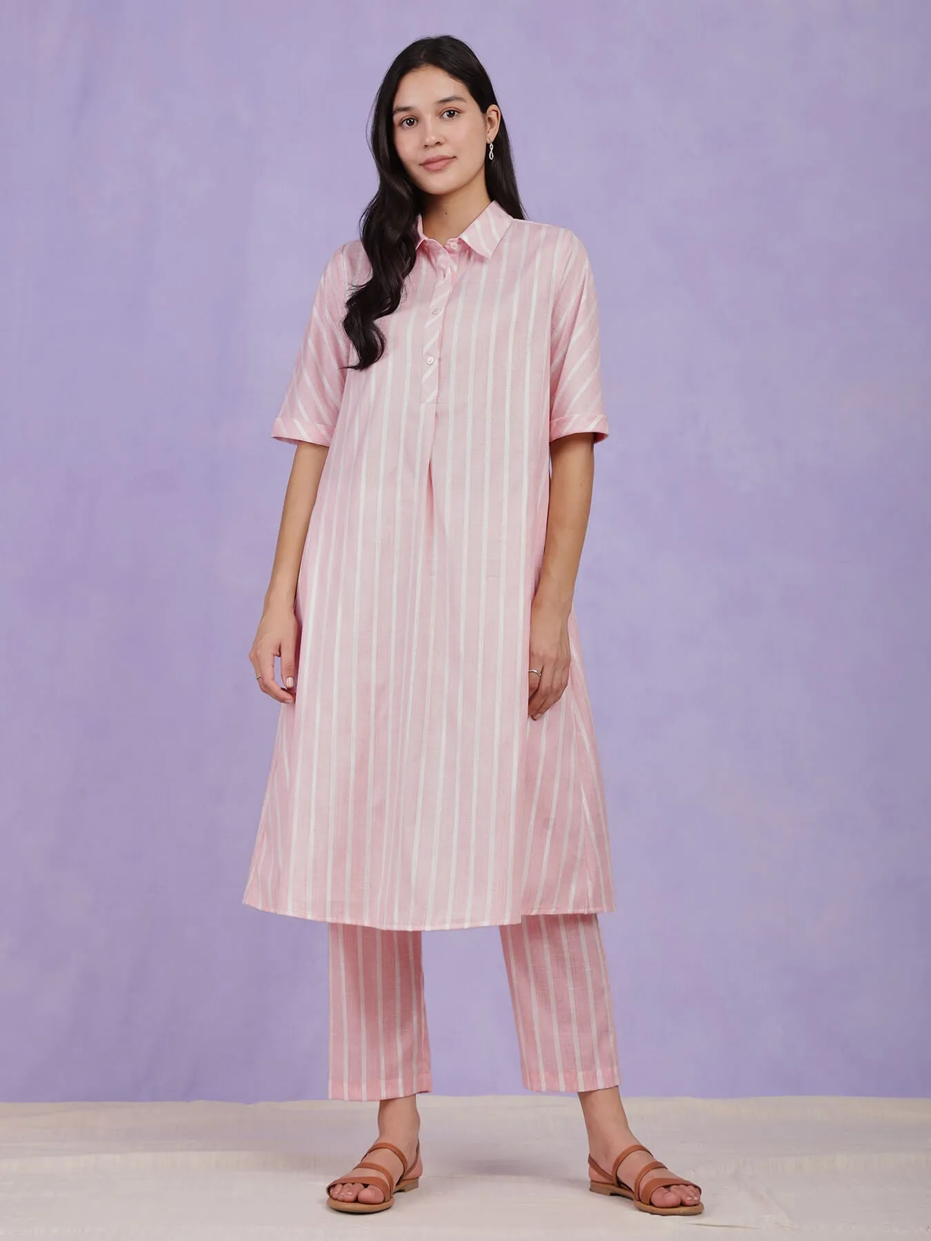 Cotton Lurex Striped Kurta Set - Pink
