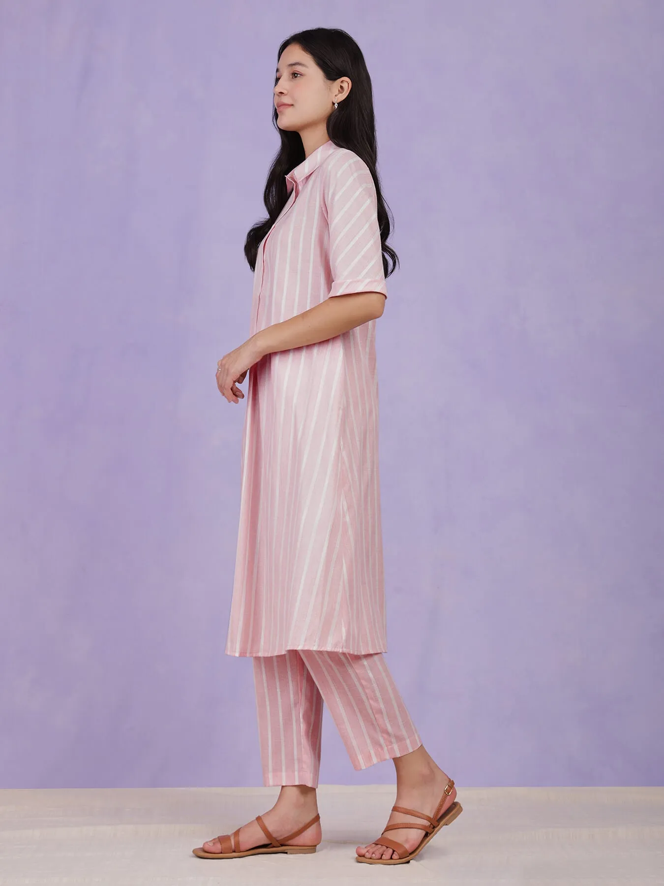 Cotton Lurex Striped Kurta Set - Pink