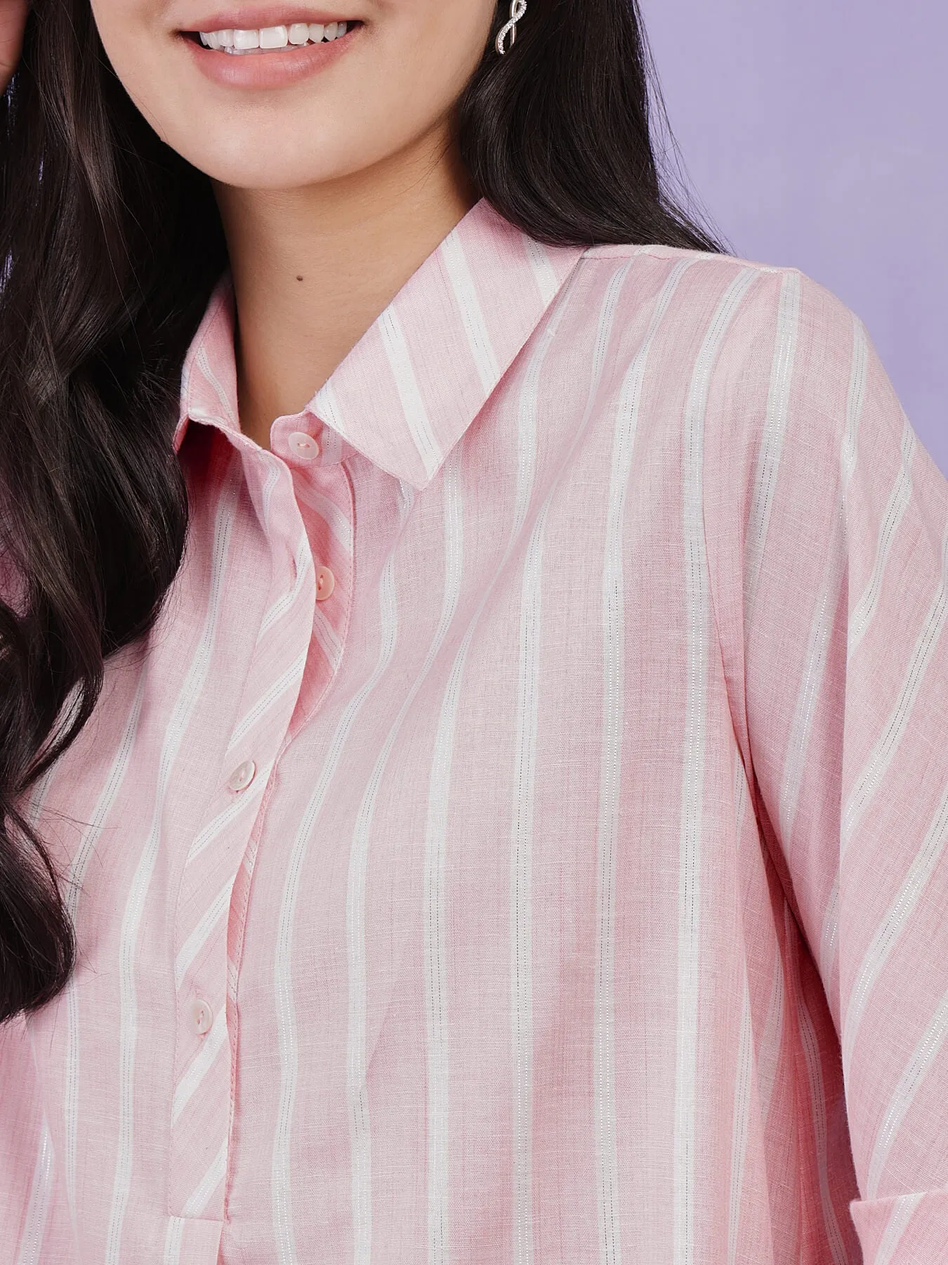 Cotton Lurex Striped Kurta Set - Pink