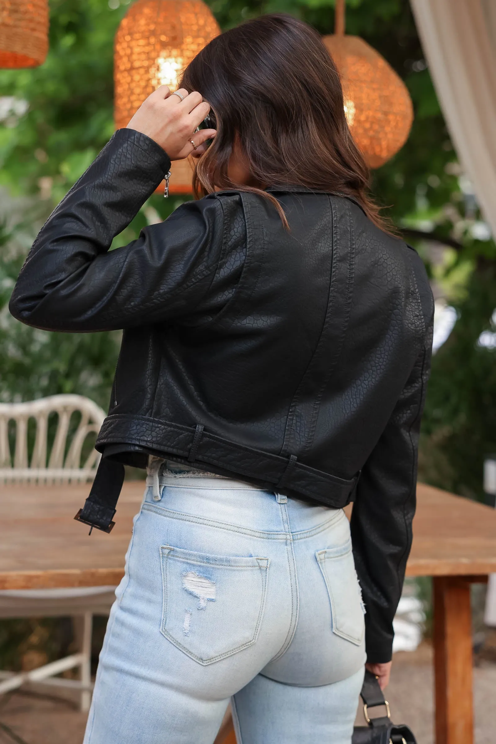 Destiny Cropped Vegan Leather Moto Jacket - Black