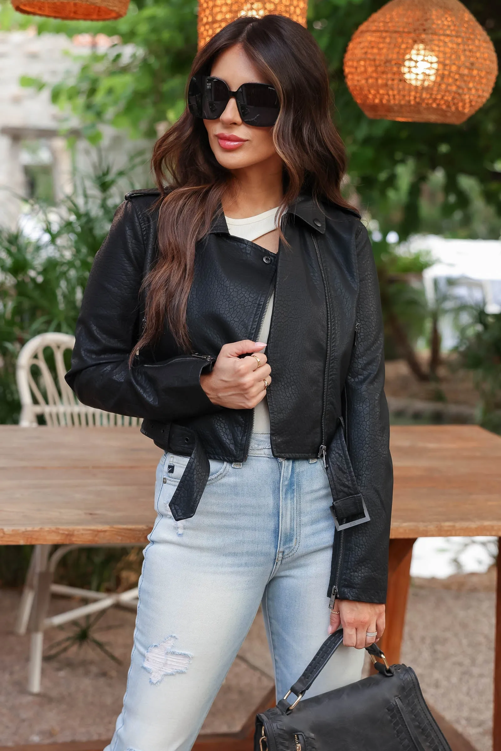 Destiny Cropped Vegan Leather Moto Jacket - Black