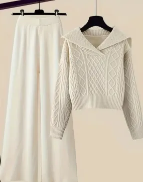 Elegant Navy Collar Knit Sweater & Wide-Leg Pants Set