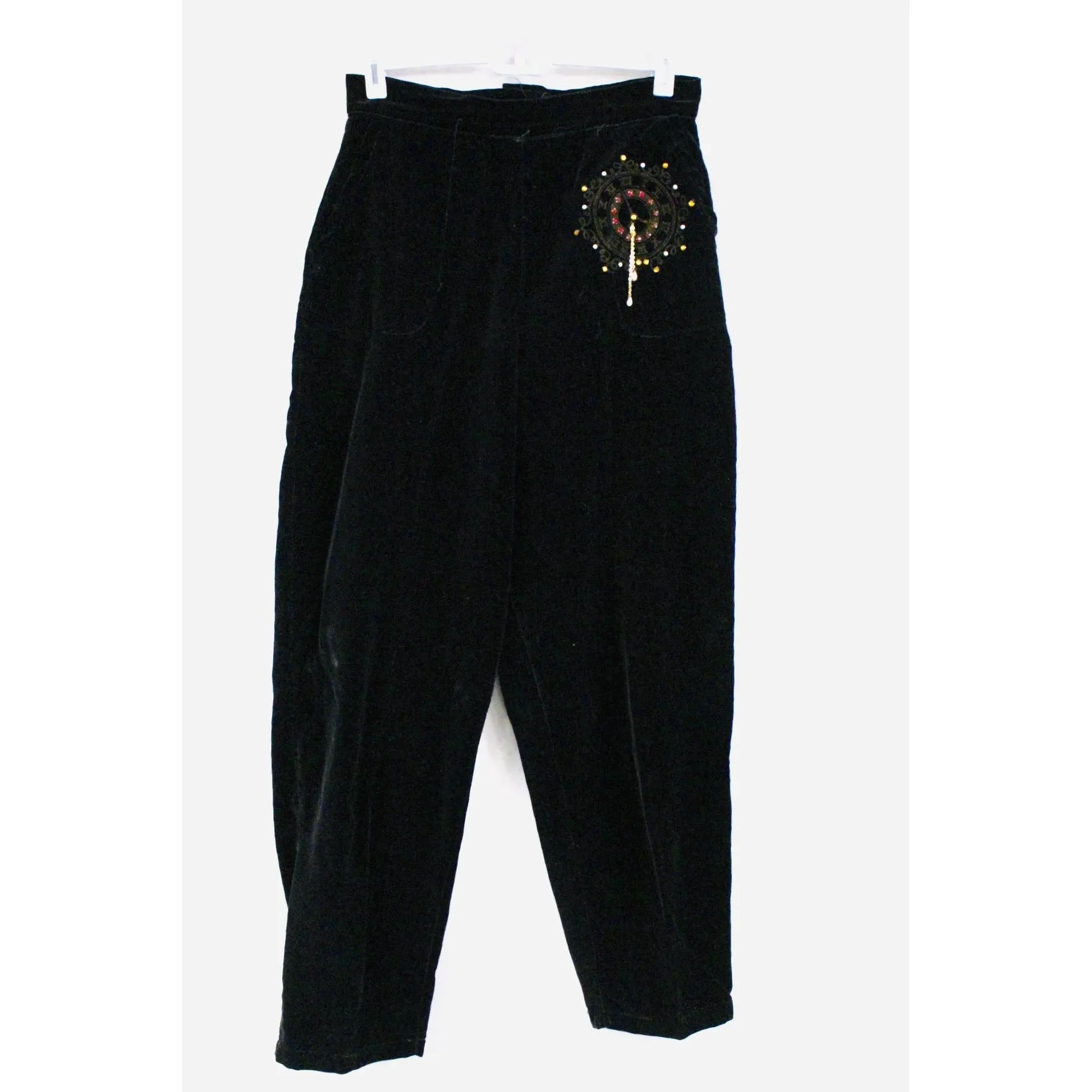 Fab Vintage womens Velvet High Waist  Pants with CLOCK Painting Jewels 1950s Small 28" Waist RARE Rockabilly