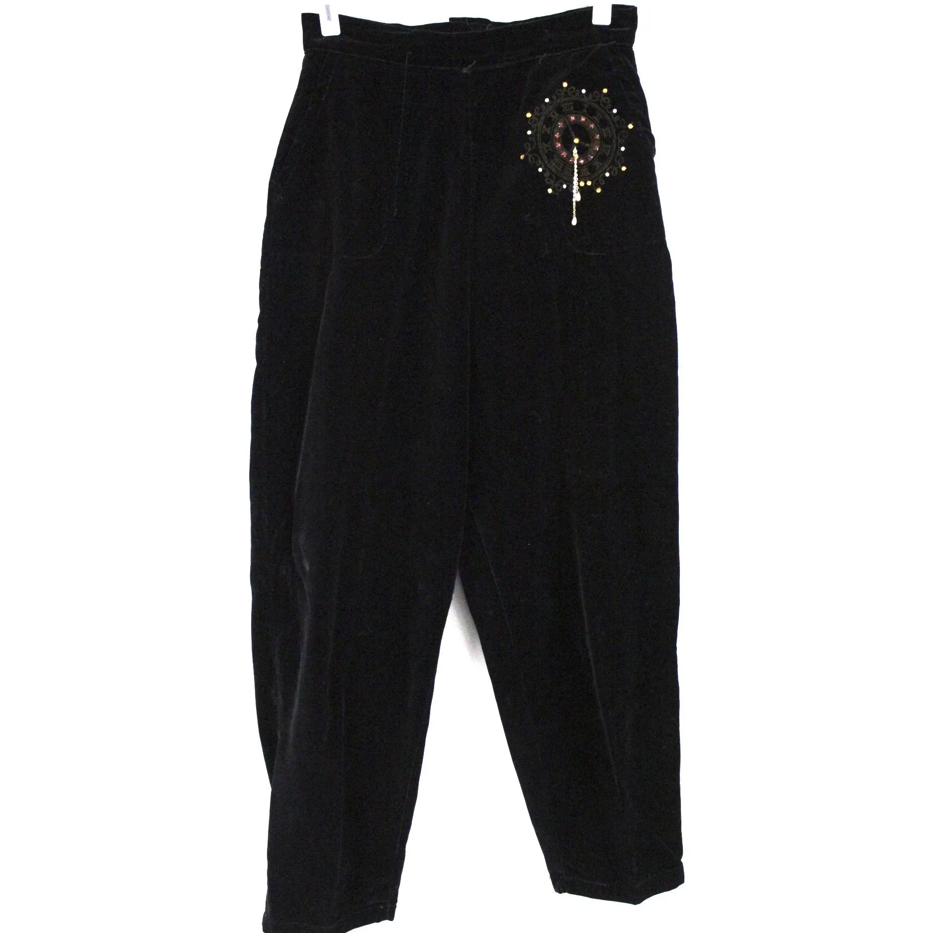 Fab Vintage womens Velvet High Waist  Pants with CLOCK Painting Jewels 1950s Small 28" Waist RARE Rockabilly