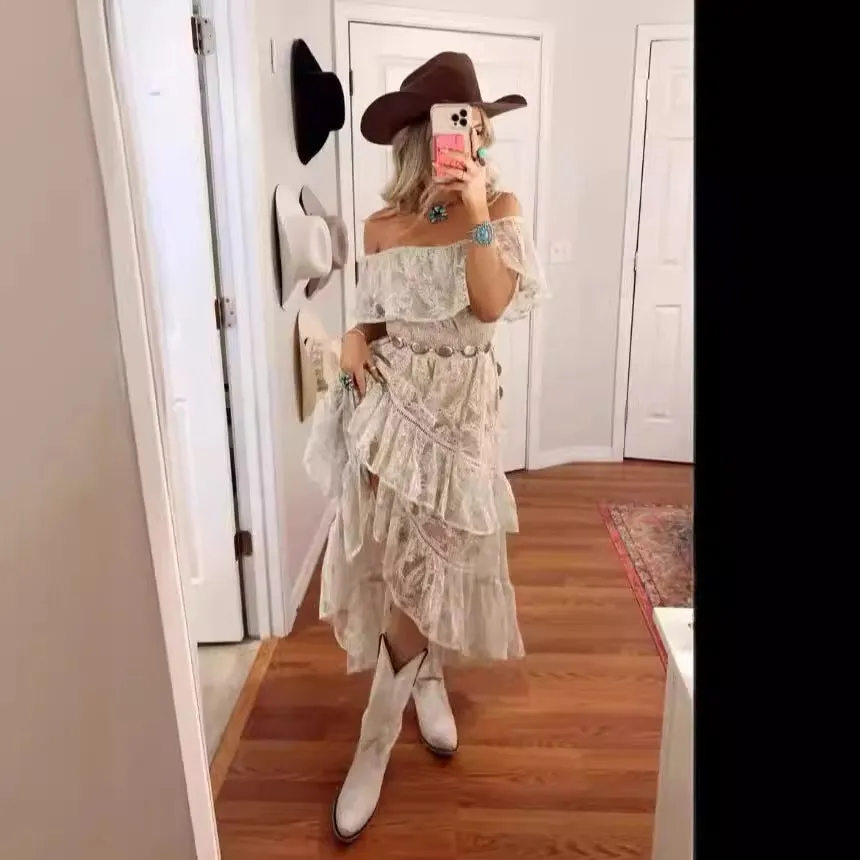 Fashionkova concert outfit dress to impress Bohemian Lace Dress White Beach Dress New Tube Top off-Shoulder Sexy Dress Women