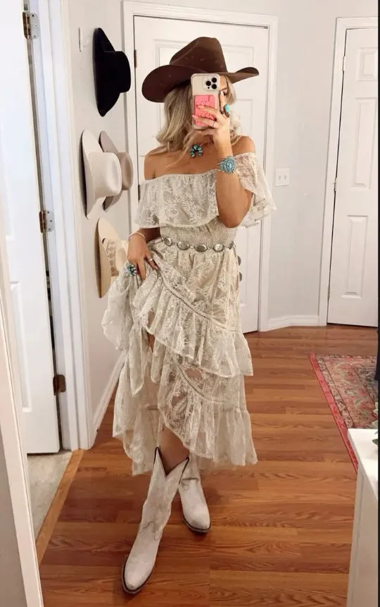 Fashionkova concert outfit dress to impress Bohemian Lace Dress White Beach Dress New Tube Top off-Shoulder Sexy Dress Women