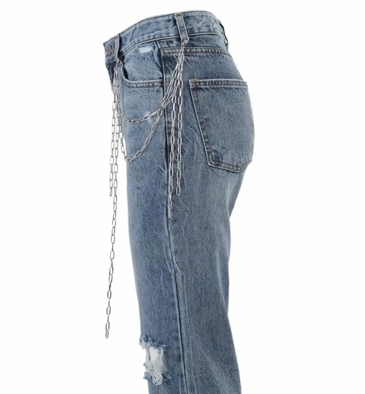 Flared Ripped Silver Chain Long Jeans