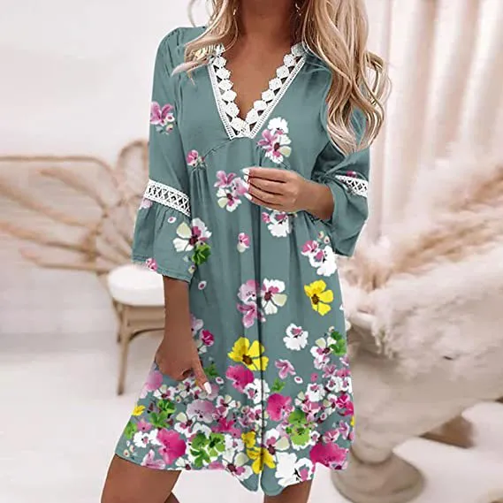 Flytonn-Graduation Gift Back to School Season Summer Vacation Dress Spring Outfit V-neck Printed Lace Stitched Bohemian Casual Holiday Dress