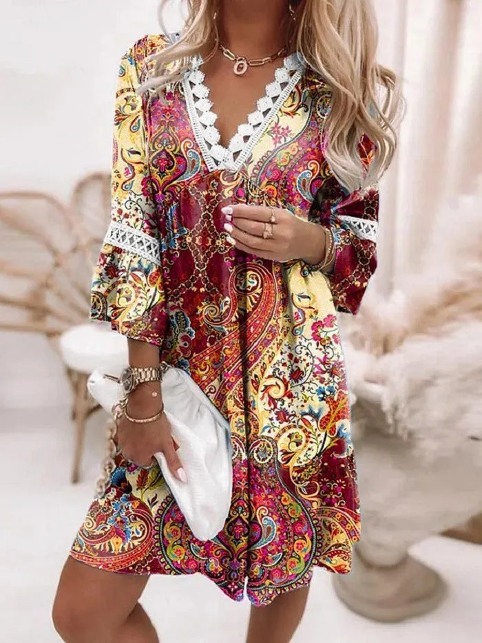 Flytonn-Graduation Gift Back to School Season Summer Vacation Dress Spring Outfit V-neck Printed Lace Stitched Bohemian Casual Holiday Dress
